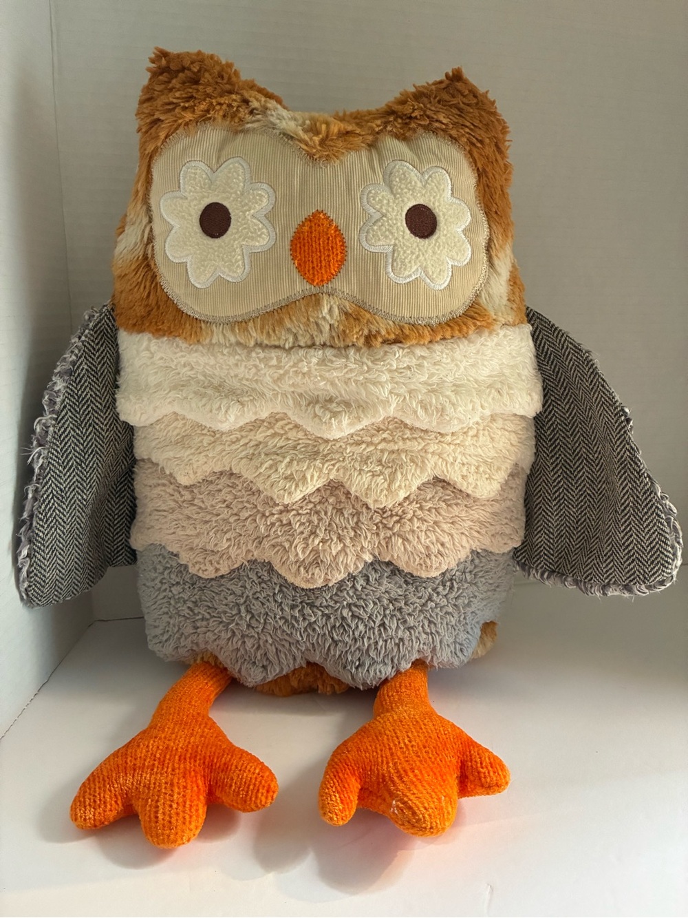 Pier 1 Retired Sophie Owl Pillow Plushie in Tan, Gray & Orange